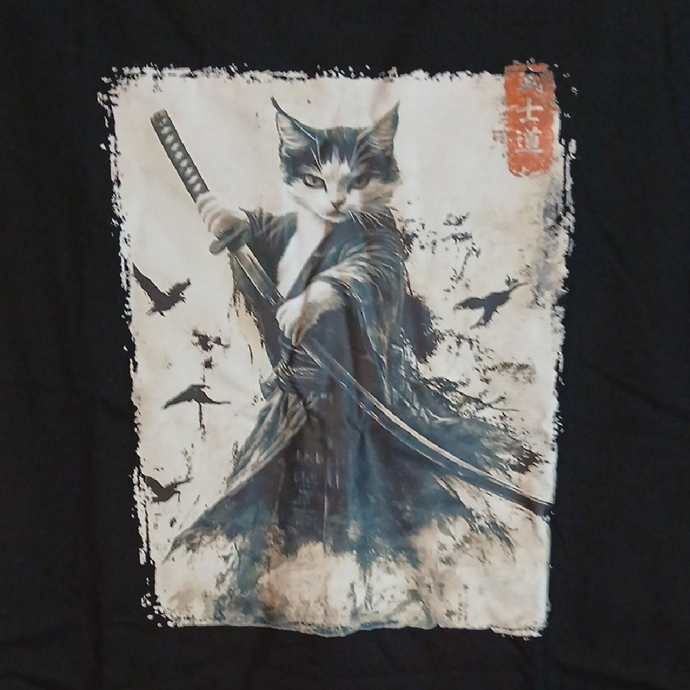 Samurai Cat Graphic T-Shirt - Black NWOT XL